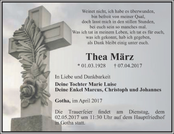 Traueranzeige von Thea März von Ostthüringer Zeitung, Thüringische Landeszeitung