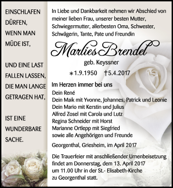 Traueranzeige von Marlies Brendel von Ostthüringer Zeitung, Thüringische Landeszeitung