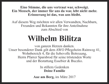 Traueranzeige von Wilhelm Bilitza von Ostthüringer Zeitung