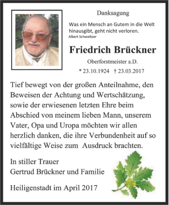 Traueranzeige von Friedrich Brückner von Thüringer Allgemeine