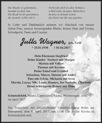 Traueranzeige von Jutta Wagner von Ostthüringer Zeitung