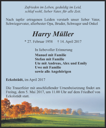 Traueranzeige von Harry Müller von Thüringer Allgemeine, Thüringische Landeszeitung