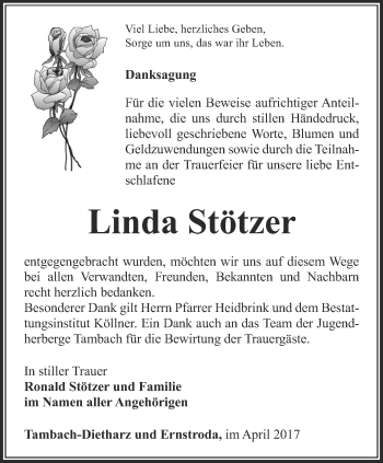 Traueranzeige von Linda Stötzer von Ostthüringer Zeitung, Thüringische Landeszeitung