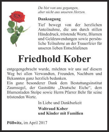 Traueranzeige von Friedhold Kober von Ostthüringer Zeitung