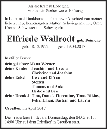 Traueranzeige von Elfriede Wallrodt von Thüringer Allgemeine