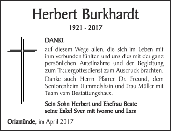 Traueranzeige von Herbert Burkhardt von Ostthüringer Zeitung, Thüringische Landeszeitung