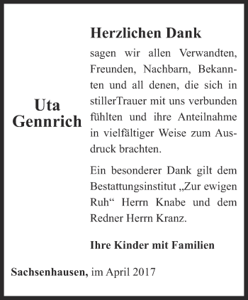 Traueranzeige von Uta Gennrich von Thüringer Allgemeine, Thüringische Landeszeitung