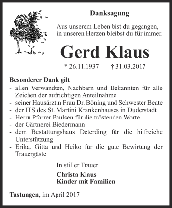 Traueranzeige von Gerd Klaus von Thüringer Allgemeine