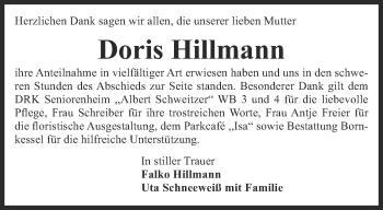 Traueranzeige von Doris Hillmann von Thüringer Allgemeine, Thüringische Landeszeitung