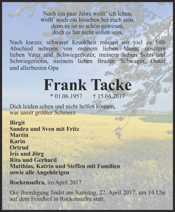 Traueranzeige von Frank Tacke von Thüringer Allgemeine