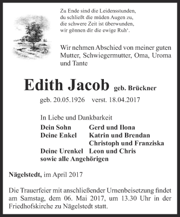 Traueranzeige von Edith Jacob von Thüringer Allgemeine, Thüringische Landeszeitung