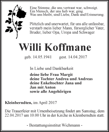 Traueranzeige von Willi Koffmane von Thüringer Allgemeine