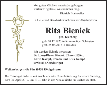 Traueranzeige von Rita Bieniek von Thüringer Allgemeine