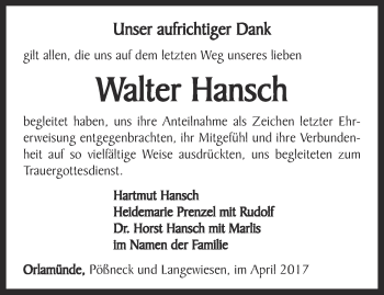 Traueranzeige von Walter Hansch von Ostthüringer Zeitung, Thüringische Landeszeitung