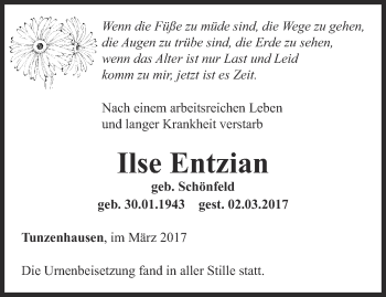 Traueranzeige von Ilse Entzian von Thüringer Allgemeine