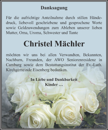 Traueranzeige von Christel Mächler von Ostthüringer Zeitung