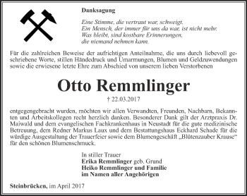 Traueranzeige von Otto Remmlinger von Thüringer Allgemeine