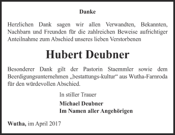 Traueranzeige von Hubert Deubner von Thüringer Allgemeine, Thüringische Landeszeitung