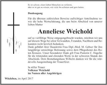 Traueranzeige von Anneliese Weichold von Thüringer Allgemeine