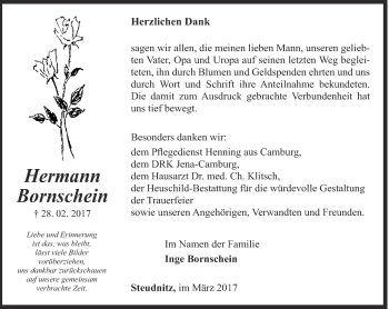 Traueranzeige von Hermann Bornschein von Ostthüringer Zeitung, Thüringische Landeszeitung