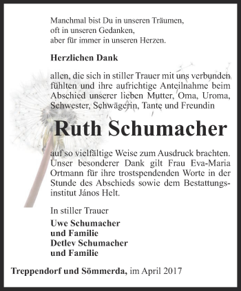 Traueranzeige von Ruth Schumacher von Thüringer Allgemeine, Thüringische Landeszeitung