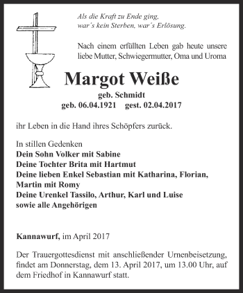 Traueranzeige von Margot Weiße von Thüringer Allgemeine