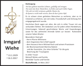 Traueranzeige von Irmgard Wiehe von Thüringer Allgemeine