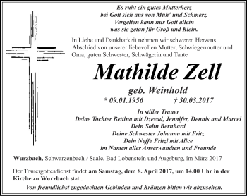 Traueranzeige von Mathilde Zell von Ostthüringer Zeitung