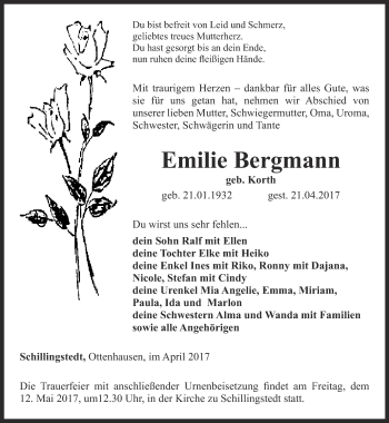 Traueranzeige von Emilie Bergmann von Thüringer Allgemeine