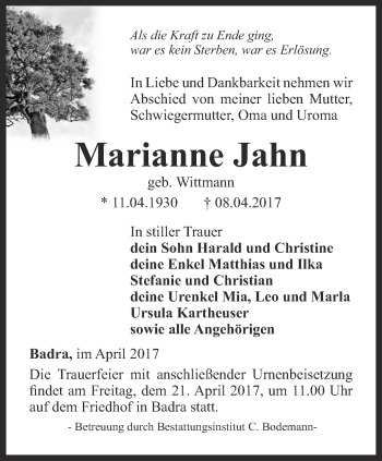 Traueranzeige von Marianne Jahn von Thüringer Allgemeine