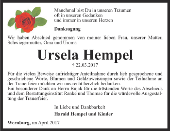 Traueranzeige von Ursela Hempel von Ostthüringer Zeitung