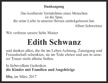 Traueranzeige von Edith Schwanz von Thüringer Allgemeine, Thüringische Landeszeitung