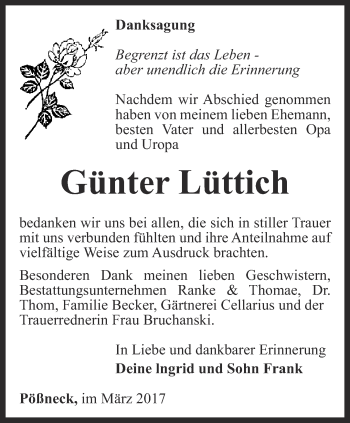 Traueranzeige von Günter Lüttich von Ostthüringer Zeitung