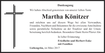 Traueranzeige von Martha Könitzer von Ostthüringer Zeitung