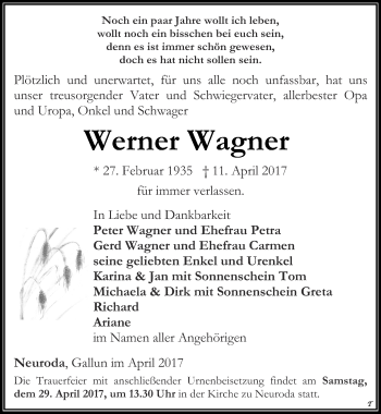 Traueranzeige von Werner Wagner von Thüringer Allgemeine