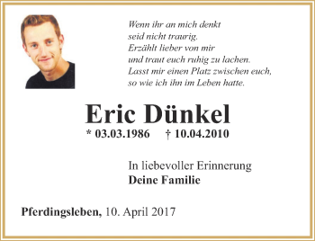 Traueranzeige von Eric Dünkel von Ostthüringer Zeitung, Thüringische Landeszeitung