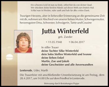 Traueranzeige von Jutta Winterfeld von Thüringer Allgemeine