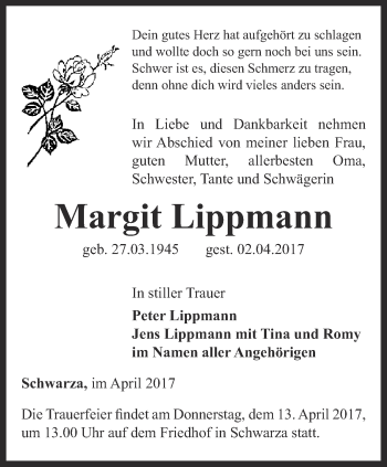 Traueranzeige von Margit Lippmann von Ostthüringer Zeitung