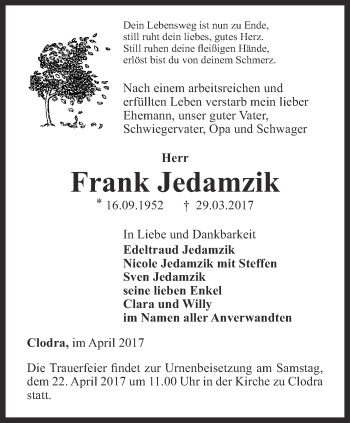 Traueranzeige von Frank Jedamzik von Ostthüringer Zeitung