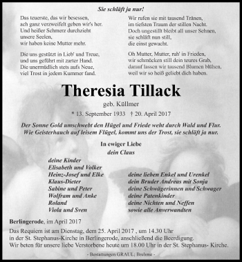 Traueranzeige von Theresia Tillack von Thüringer Allgemeine
