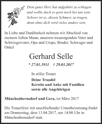 Traueranzeige von Gerhard Selle von Ostthüringer Zeitung