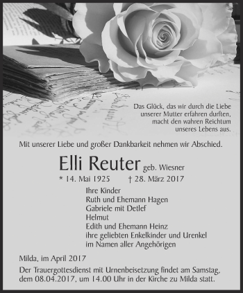 Traueranzeige von Elli Reuter von Ostthüringer Zeitung, Thüringische Landeszeitung