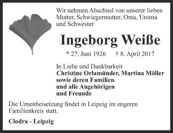 Traueranzeige von Ingeborg Weiße von Ostthüringer Zeitung