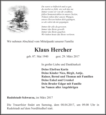 Traueranzeige von Klaus Hercher von Ostthüringer Zeitung