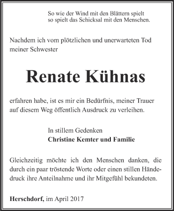 Traueranzeige von Renate Kühnas von Ostthüringer Zeitung