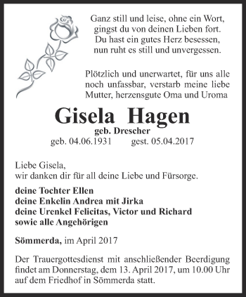 Traueranzeige von Gisela hagen von Thüringer Allgemeine