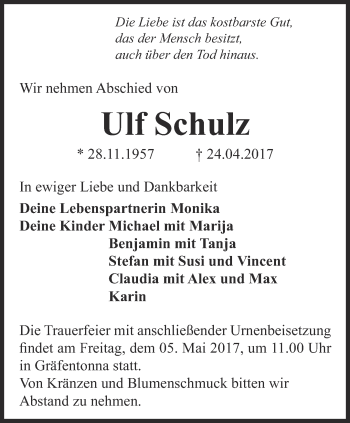 Traueranzeige von Ulf Schulz von Thüringer Allgemeine, Thüringische Landeszeitung