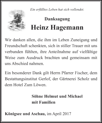 Traueranzeige von Heinz Hagemann von Ostthüringer Zeitung