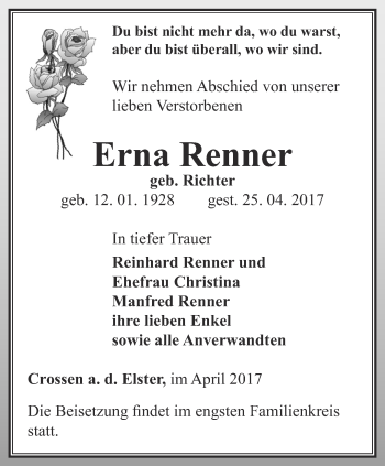 Traueranzeige von Erna Renner von Ostthüringer Zeitung