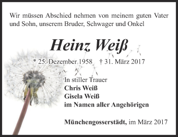 Traueranzeige von Heinz Weiß von Thüringer Allgemeine, Thüringische Landeszeitung